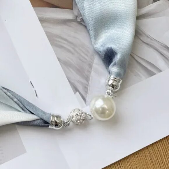 2/$30 Magnetic Snap Silky Blue Scarf Beads Pearl Headband Bandana Bag Decor - Picture 6 of 7